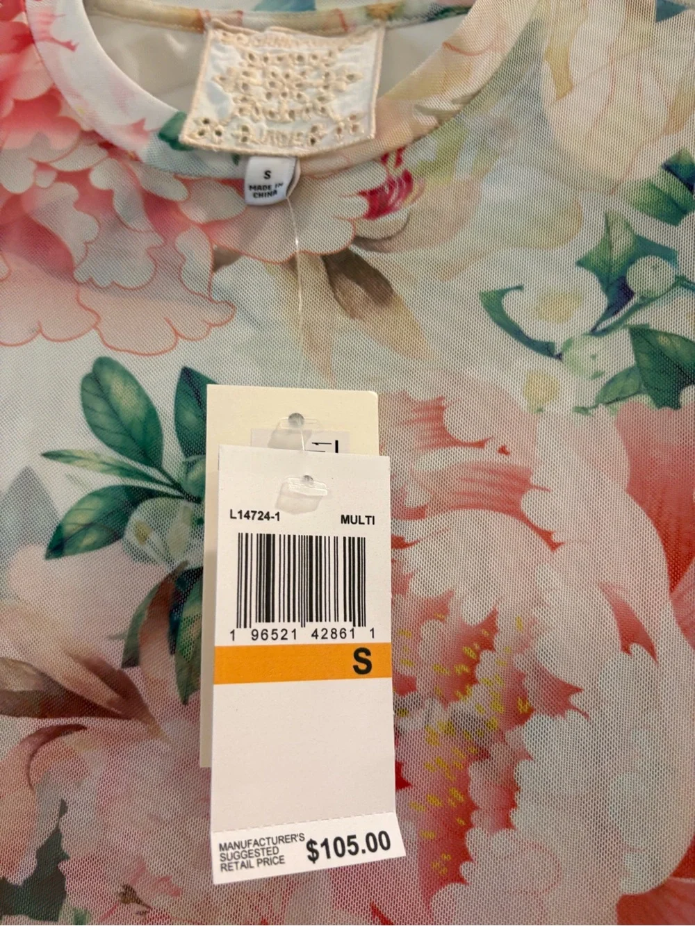 NWT Johnny Was Natalie Cream Floral Mesh Long-Sleeve Top in Pink & Green, Size S - Picture 2 of 3
